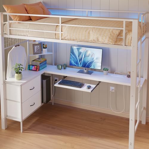 Brown Twin Loft Bed with L-Shaped Desk and LED Lights H4473