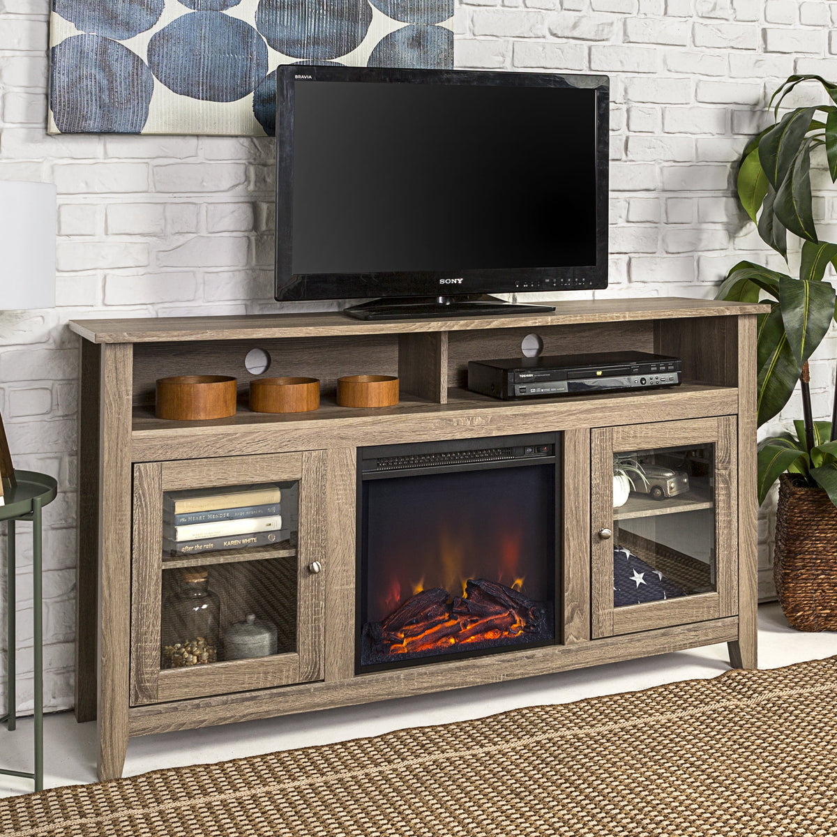 Wood Highboy Fireplace TV Stand S244