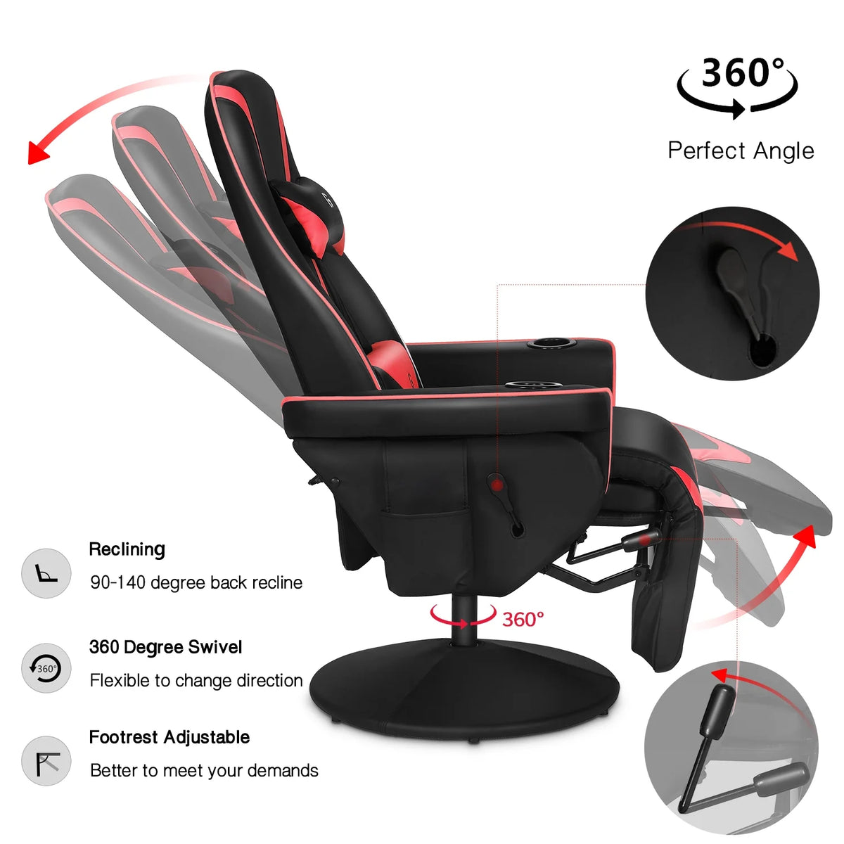 Queen Throne Video Gaming Chair Ergonomic Recliner Racing Chair with Footrest, Black Red J781473