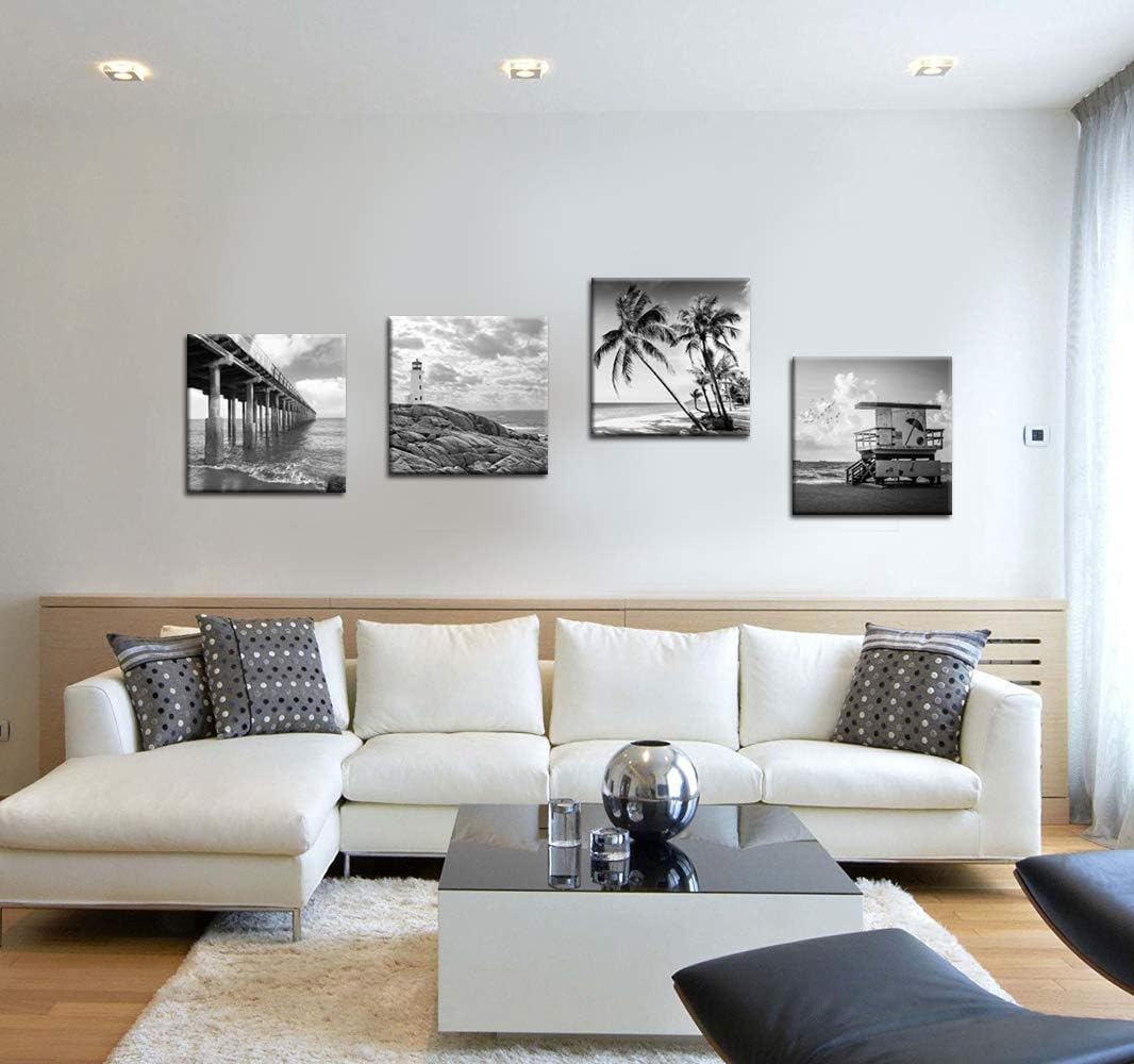 Black and White Beach Wall Art Florida Seascape Painting Lighthouse Lifeguard Tower Pier Picture Print Framed Artwork Ready to Hang B767395
