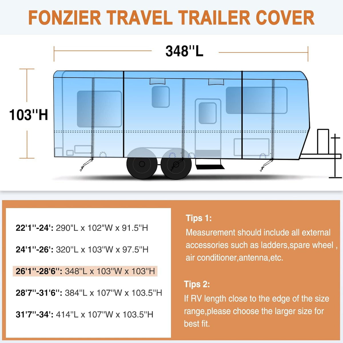 Heavy Duty 6 Layers Travel Trailer RV Cover Anti-UV Breathable Rip-Stop with 2Pcs Extra Straps & Gutter Spout Covers N4561