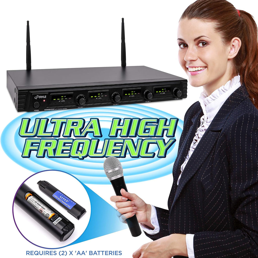 4 Channel Wireless Microphone System with 4 Handheld Dynamic Mic, Receiver, Dual Antenna, Black X97421
