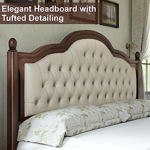 Walnut Queen Size Solid Bed Frame with Upholstered Tufted Headboard F2084