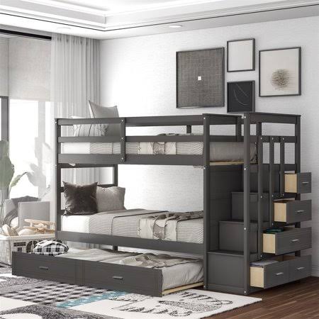 Wood Twin Over Twin Bunk Bed with Trundle and Staircase B541