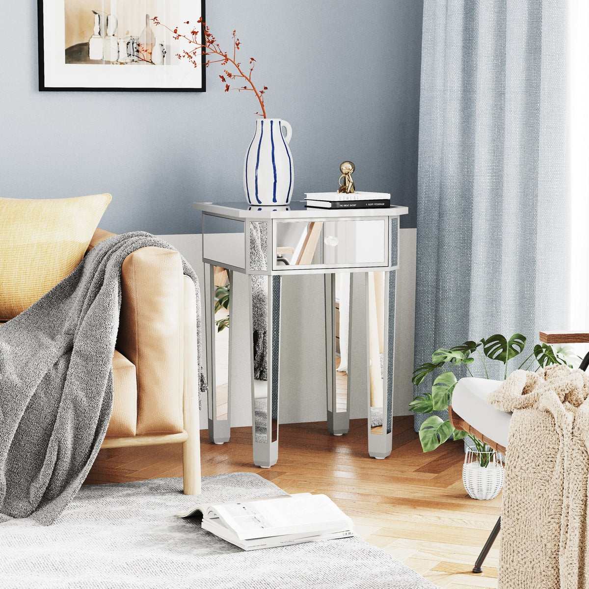 Mirrored Nightstand End Table with Drawer E5785
