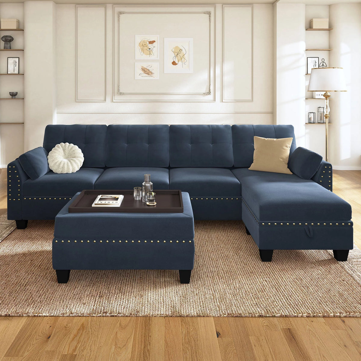 Velvet L-Shaped Sectional Sofa with Ottoman O325