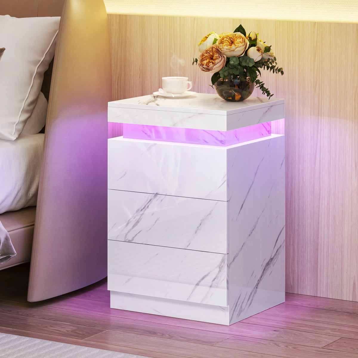 Set of 2 3 Drawer LED Nightstand T4106