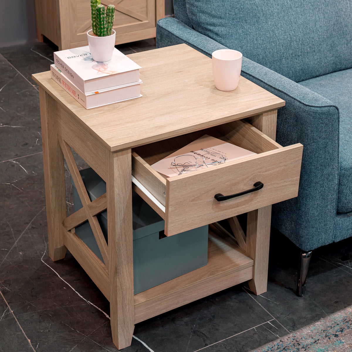 Farmhouse X-Design End Table with Storage Drawer T427349