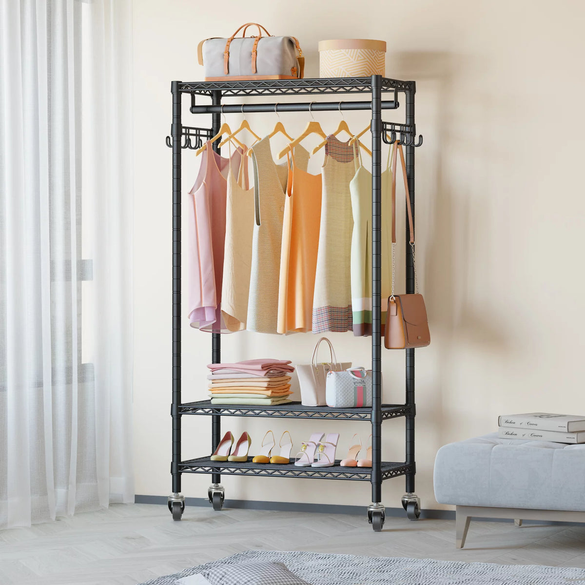 Rolling Clothes Rack Portable Garment Rack Black F120