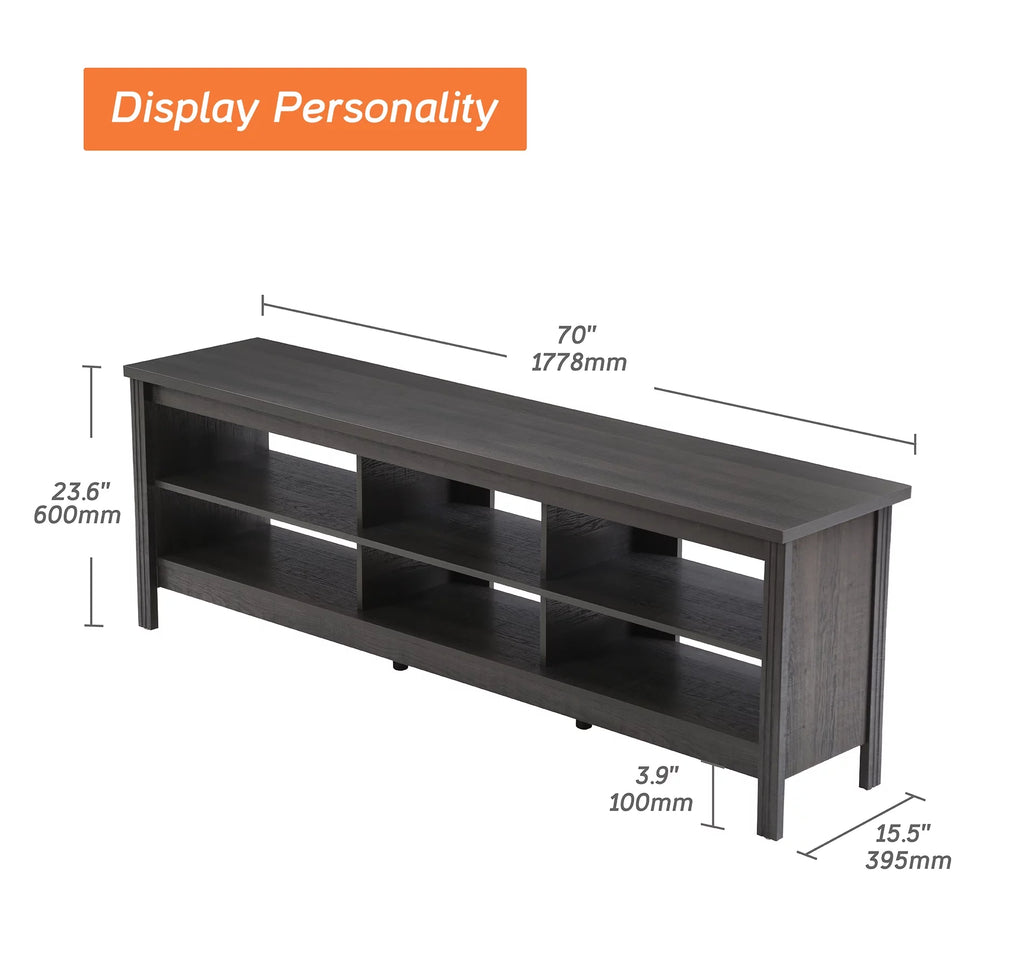 Black Wood TV Stand with 6 Open Shelves D6329