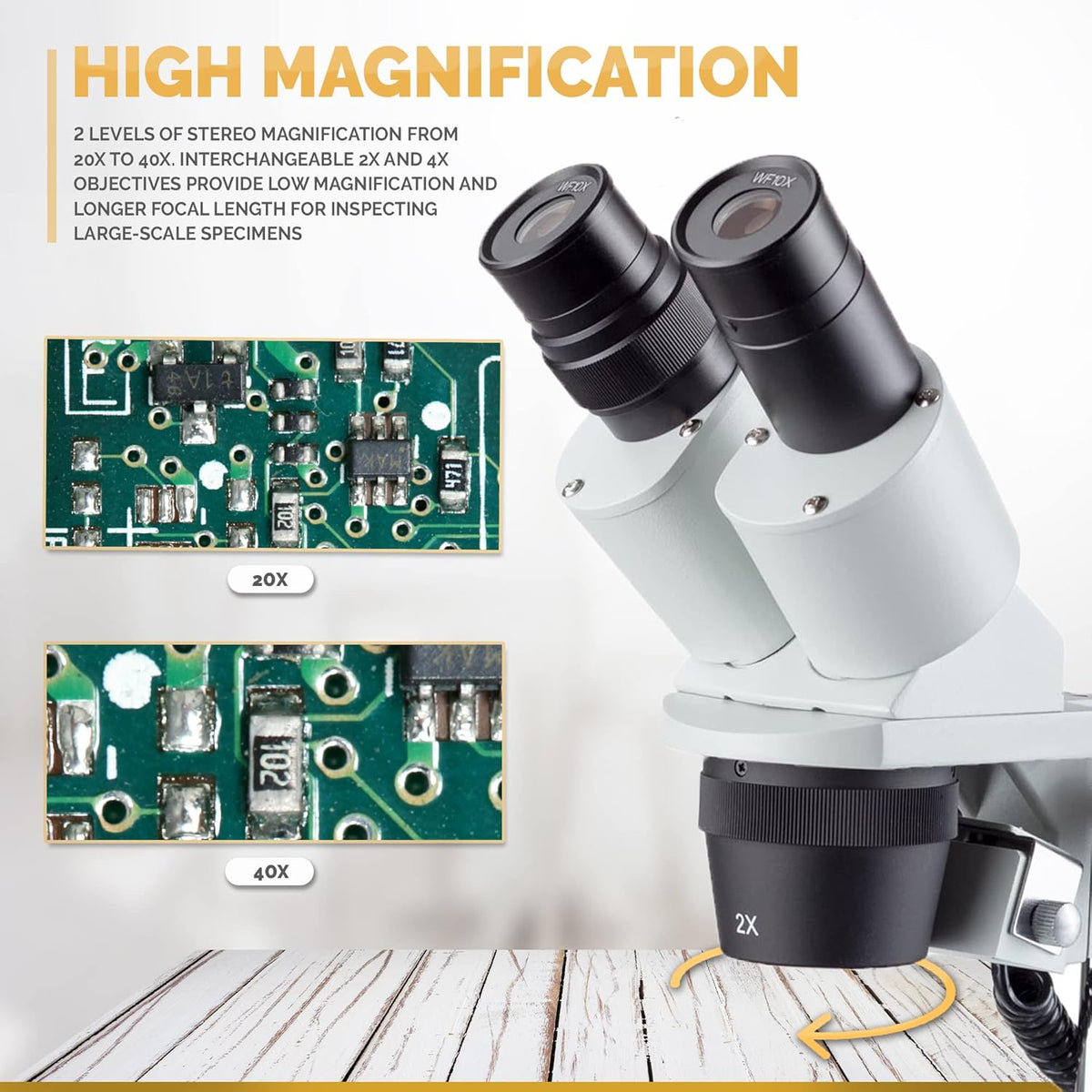 Binocular Stereo Microscope, WF10x Eyepieces, 20X and 40X Magnification, 2X and 4X Objectives, Upper and Lower LED Lighting, Reversible Black/White Stage Plate, Pillar Stand T478