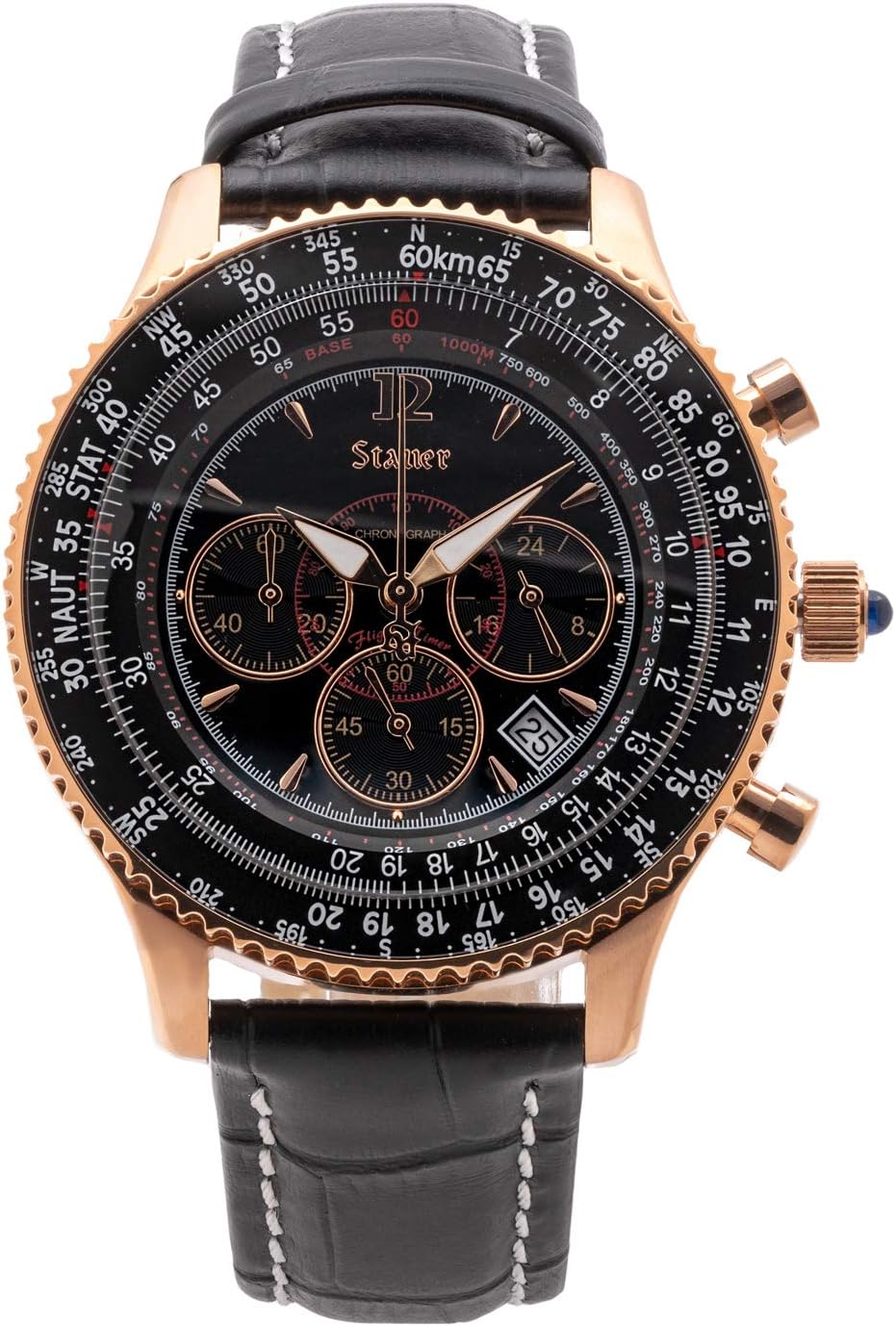 Vintage Style Chronograph Watch with Genuine Crocodile-Embossed Black Leather Band and Rose Gold Stainless Case D50653