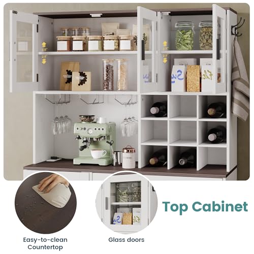 White Tall Kitchen Pantry Cabinet with Glass Doors and Adjustable Shelves S57358