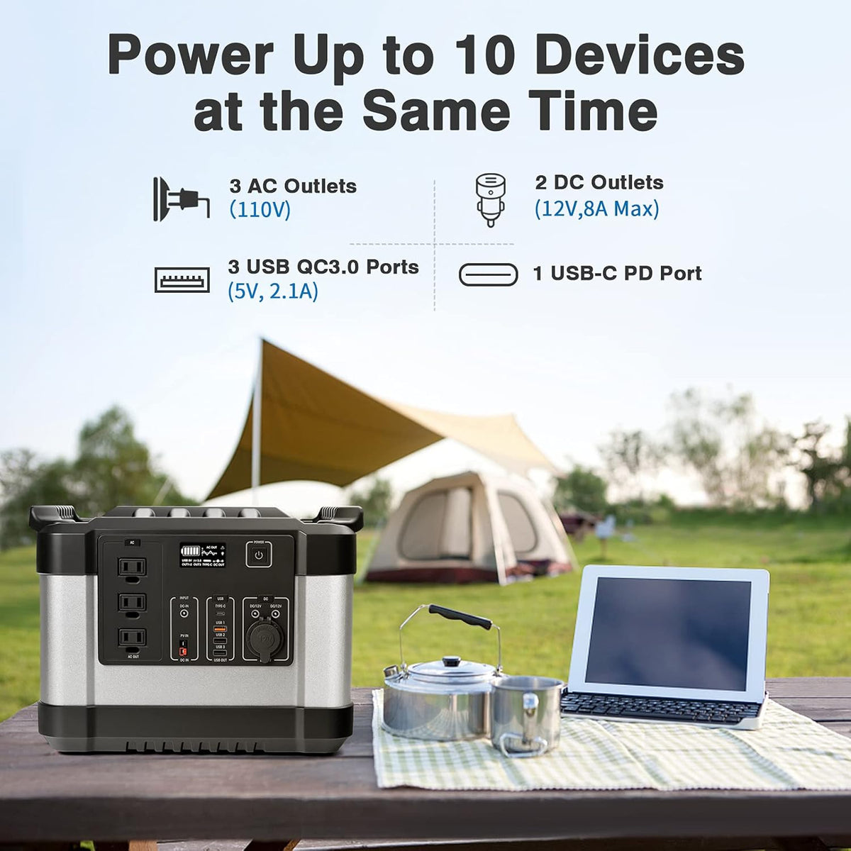 350000mAh 1000W 1120Wh Solar Power Generator with 3 AC Outlets, 3 USB Ports, LED Display N713633