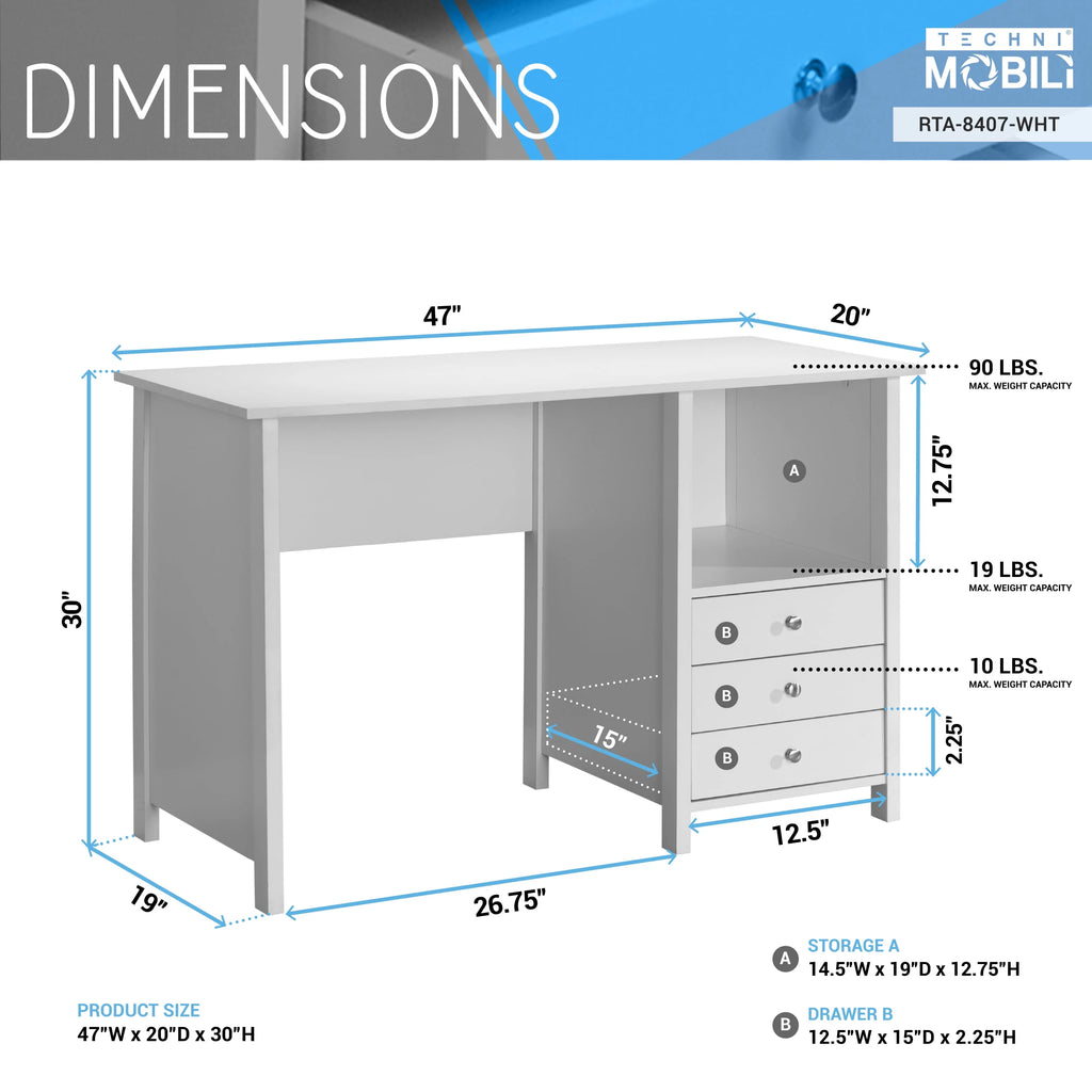 Contemporary Desk with 3 Storage Drawers, White Q3500