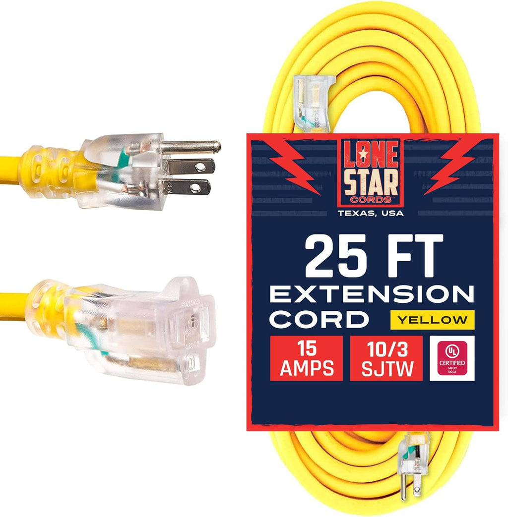 50 Foot 10/3 SJTW Lighted Extension Cord Yellow 3 Prong Grounded Plug 10 Gauge C423