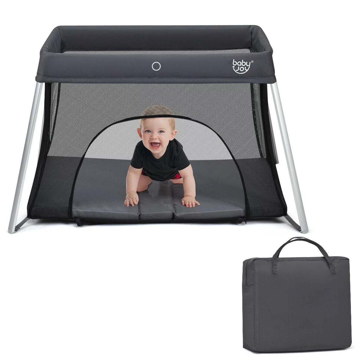Foldable Baby Playpen Lightweight Crib with Carry Bag Dark Gray T904087