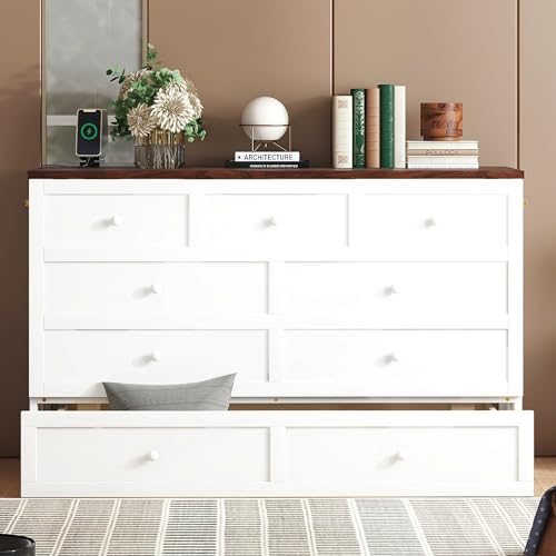 Queen Size White Murphy Bed with Storage Drawer and Charging Station T938