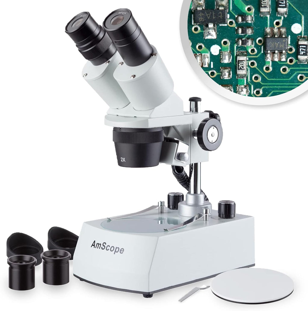 Binocular Stereo Microscope, WF10x Eyepieces, 20X and 40X Magnification, 2X and 4X Objectives, Upper and Lower LED Lighting, Reversible Black/White Stage Plate, Pillar Stand T478
