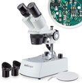Binocular Stereo Microscope, WF10x Eyepieces, 20X and 40X Magnification, 2X and 4X Objectives, Upper and Lower LED Lighting, Reversible Black/White Stage Plate, Pillar Stand T478