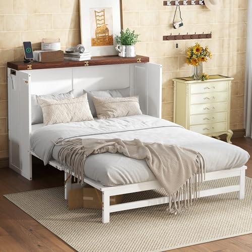Queen Size White Murphy Bed with Storage Drawer and Charging Station T938