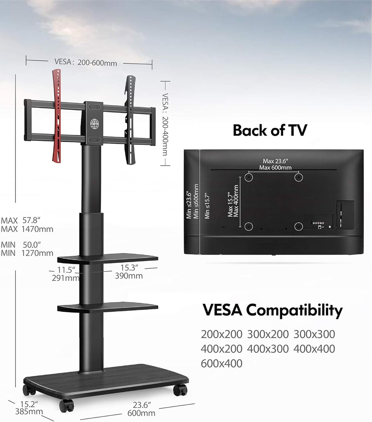 Rolling TV Stand on Wheels for 32 to 65 Inch Flat Screen TV, Black F669956