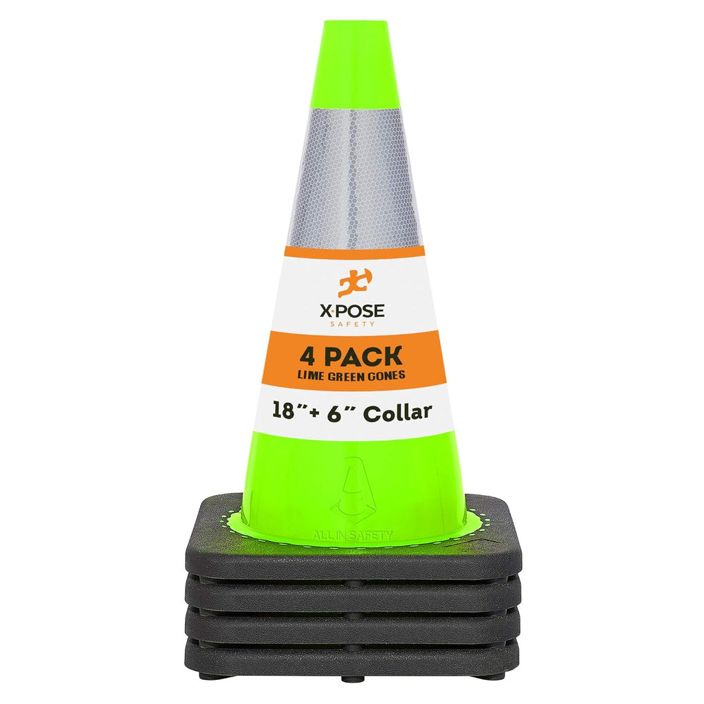 Lime Green PVC Traffic Cone with Reflective Collar, 4 Pack Q3837