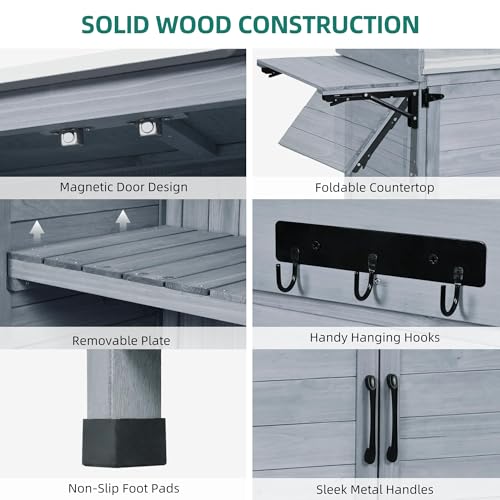 Solid Wood Potting Bench Table with Folding Pallet and Metal Tabletop, Grey I153