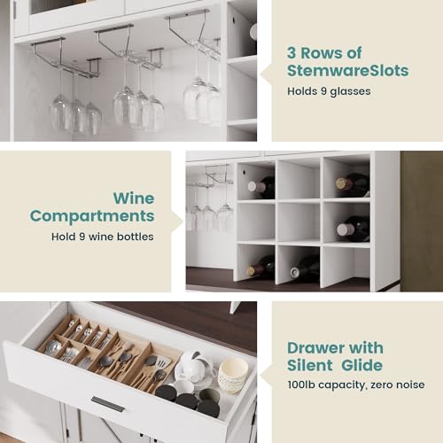 White Tall Kitchen Pantry Cabinet with Glass Doors and Adjustable Shelves S57358
