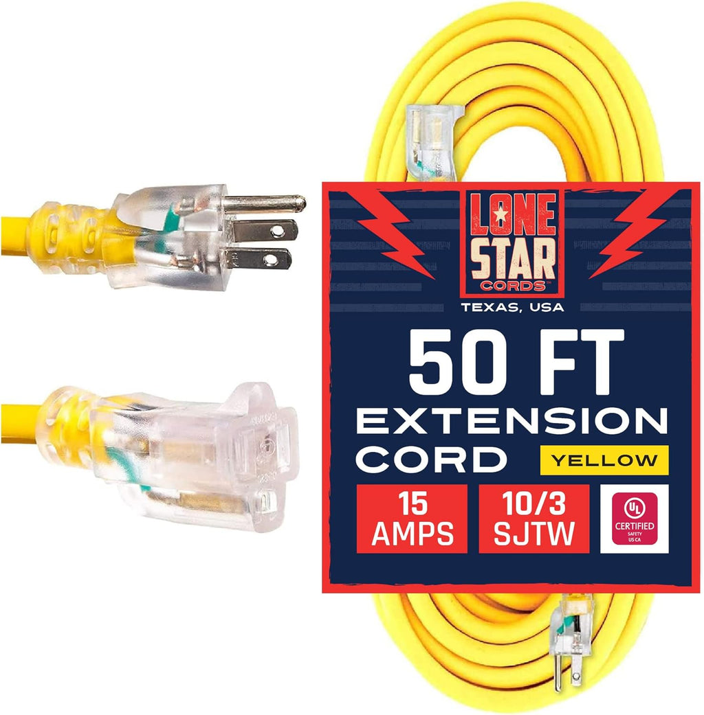 50 Foot 10/3 SJTW Lighted Extension Cord Yellow 3 Prong Grounded Plug 10 Gauge C423