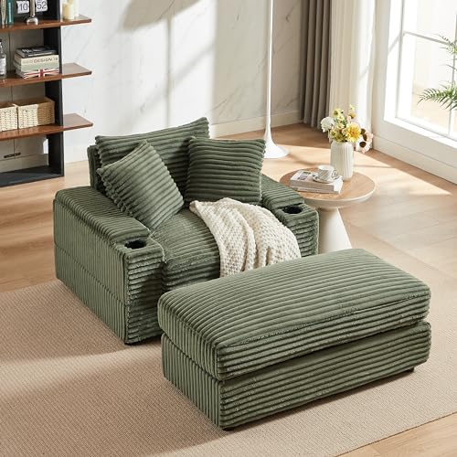 Oversized Corduroy Convertible Sleeper Sofa with Ottoman, Grey S924137