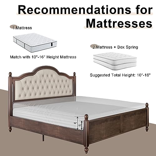 Walnut Queen Size Solid Bed Frame with Upholstered Tufted Headboard F2084