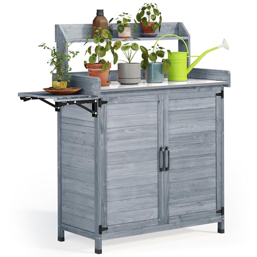 Solid Wood Potting Bench Table with Folding Pallet and Metal Tabletop, Grey I153