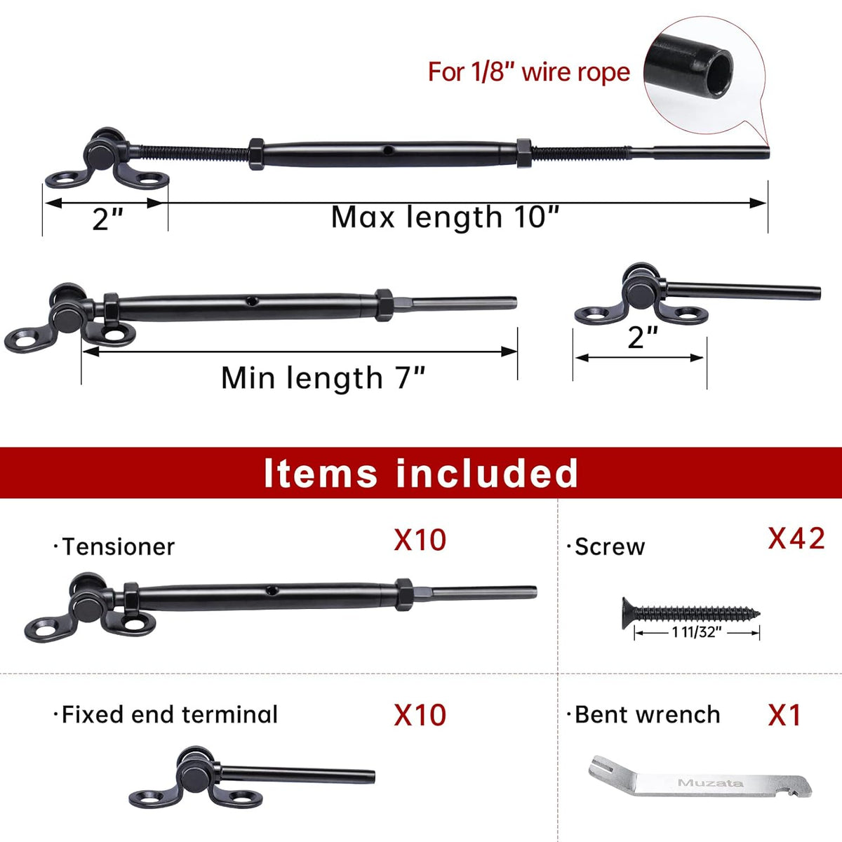 Black 10 Set 1/8 Cable Railing Kit T316 Stainless Steel Turnbuckle Hardware P846673