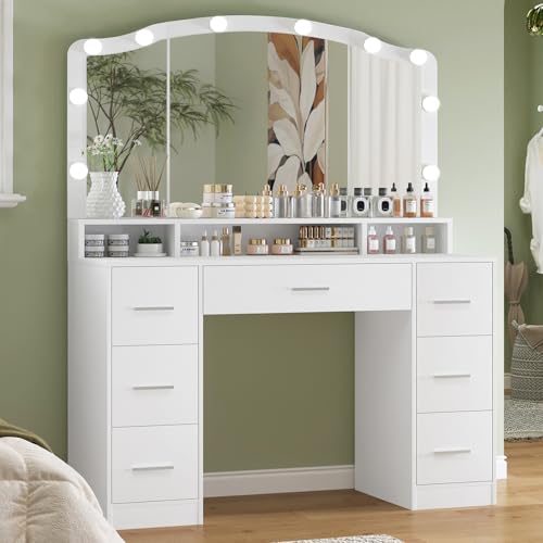 White 43.3" Vanity Desk with Lighted Mirror and 7 Drawers K123