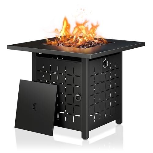 Black 28 Inch Steel Propane Fire Pit with Lid and Lava Rock X627478