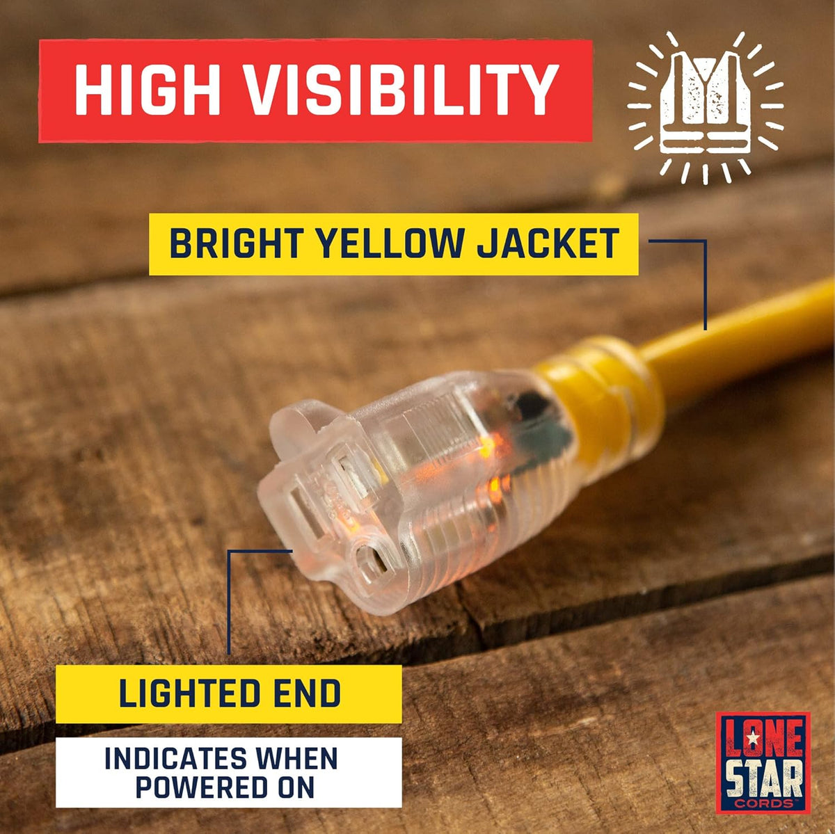 50 Foot 10/3 SJTW Lighted Extension Cord Yellow 3 Prong Grounded Plug 10 Gauge C423
