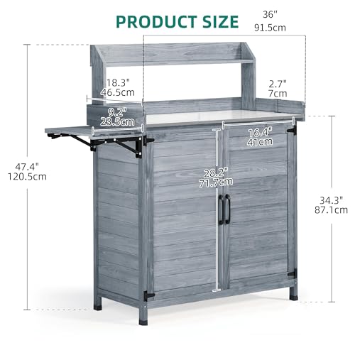 Solid Wood Potting Bench Table with Folding Pallet and Metal Tabletop, Grey I153