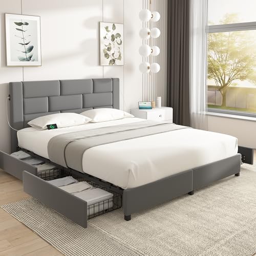 Beige Queen Size Upholstered Bed Frame with 4 Storage Drawers F2036