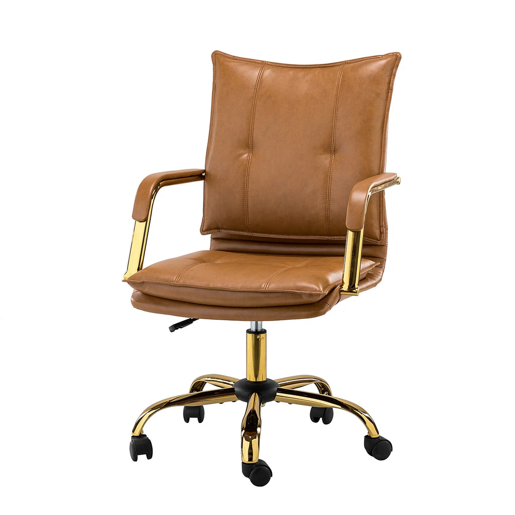 Camel Vegan Leather Task Chair with Tufted Mid Back Armrest Swivel Adjustable P402455
