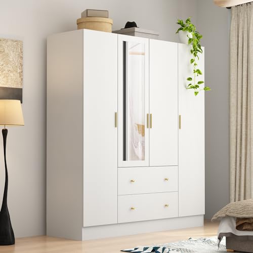Black Brown 4-Door Armoire Wardrobe with Mirror, 2 Drawers, 2 Hanging Bars, 7 Shelves L6809