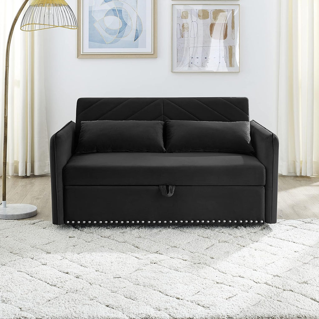 Black Velvet 3 in 1 Loveseat Sleeper Sofa with Pull Out Beds R8172