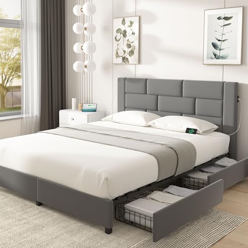 Beige Queen Size Upholstered Bed Frame with 4 Storage Drawers F2036
