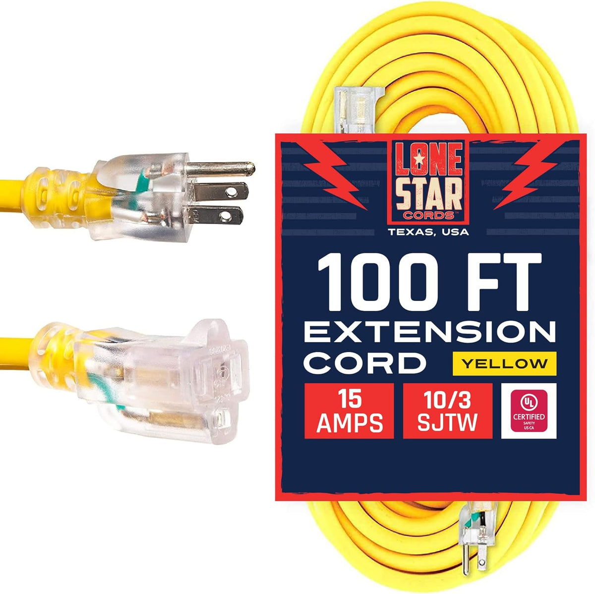 50 Foot 10/3 SJTW Lighted Extension Cord Yellow 3 Prong Grounded Plug 10 Gauge C423