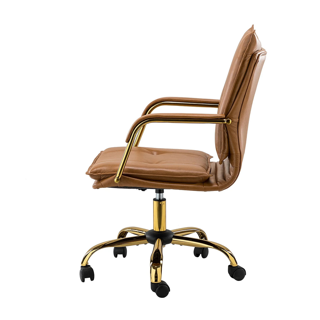 Camel Vegan Leather Task Chair with Tufted Mid Back Armrest Swivel Adjustable P402455
