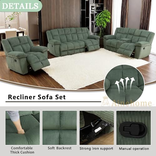 Manual Recliner Sofa Set, Corduroy Recliner Chair, Green W7049