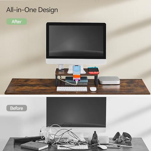 Monitor Stand Riser with Charging, Adjustable Computer Desk Organizer with Phone Holder W702