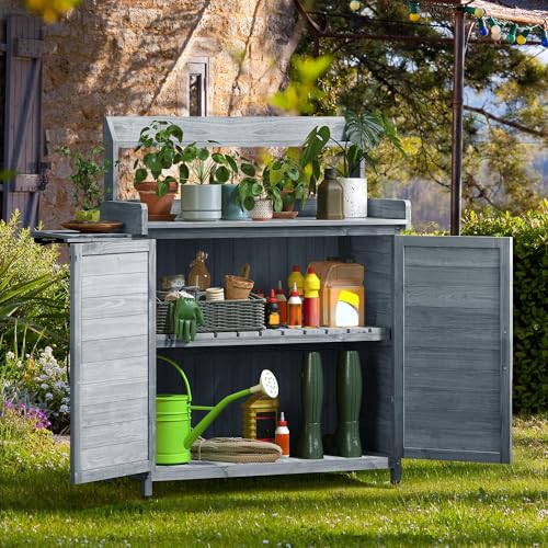 Solid Wood Potting Bench Table with Folding Pallet and Metal Tabletop, Grey I153