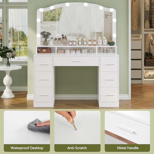 White 43.3" Vanity Desk with Lighted Mirror and 7 Drawers K123
