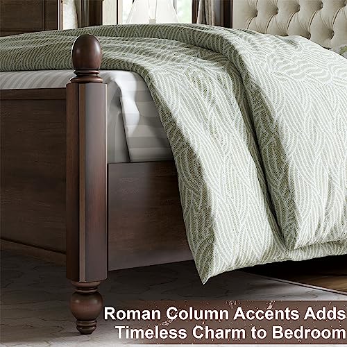 Walnut Queen Size Solid Bed Frame with Upholstered Tufted Headboard F2084